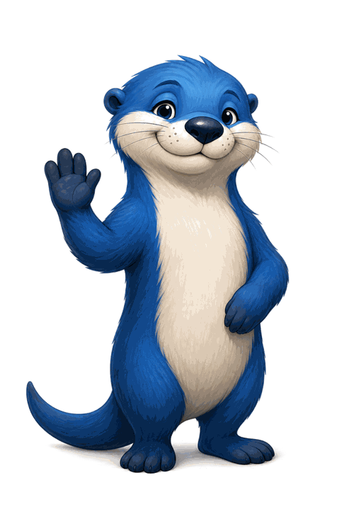 Ottie, the Blue Otter mascot, waving hello